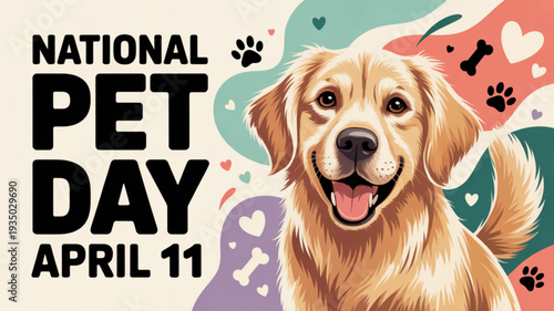 Golden retriever dog celebrating national pet day on april 11 with colorful hearts and paw prints background