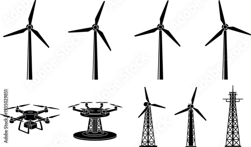 Wind turbine, drone and transmission tower silhouettes collection for renewable energy, aerial technology and electricity infrastructure, black industrial icons set for power generation concept