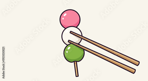 Japanese Dango dessert on stick with chopsticks, cute illustration