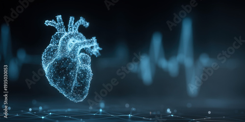 Abstract futuristic digital heart anatomy with glowing blue technology data and heartbeat line pulse rhythm concept on dark background