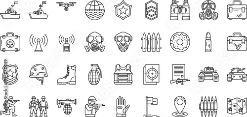 Hand Drawn Military and Defense Icon Set with Weapons Soldiers Equipment Tactical Gear and Security Outline Vector Collection