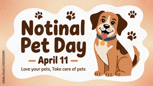 National pet day april 11 cartoon dog sitting on orange background with paw prints
