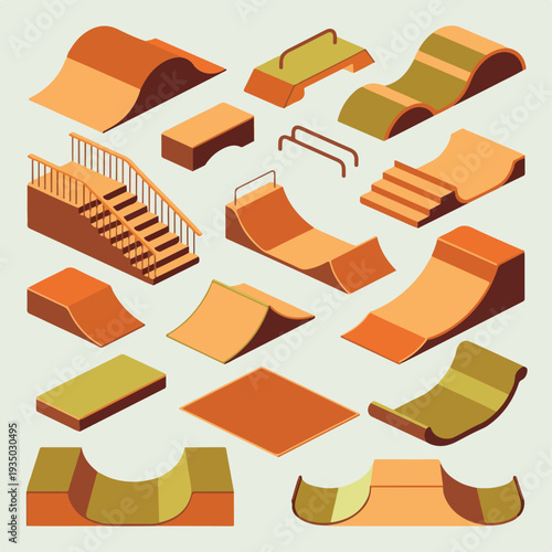 Skatepark Ramp & BMX Obstacles Flat Vector Set – Colorful Skate Elements Collection