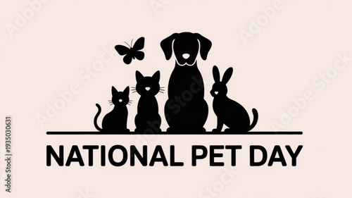 National pet day celebration with dog cat rabbit and butterfly silhouettes on beige background