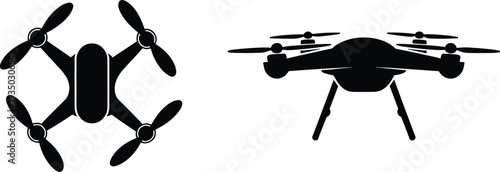 Drone quadcopter silhouettes set with aerial flying camera drones vector illustration isolated on dark background for technology, surveillance and aerial photography