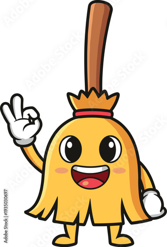 Cute broom mascot character smiling and showing peace sign cleaning tool cartoon vector illustration