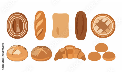 Assorted Freshly Baked Bread Loaves and Rolls Vector Collection with Artisan Bakery Pastries