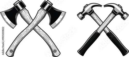 Crossed Axe and Hammer Icon Set for Tools and Construction Design
