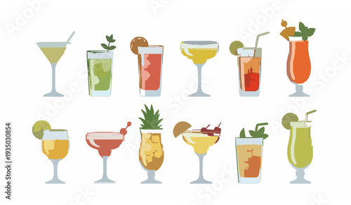 Colorful Cocktail Drinks Vector Set with Martini Margarita and Tropical Fruit Garnishes