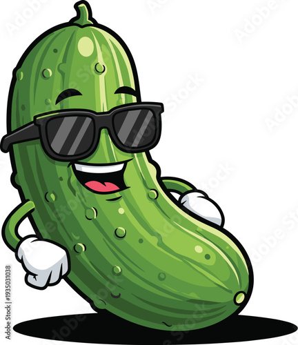Cool cucumber mascot character wearing sunglasses funny vegetable cartoon healthy food vector illustration