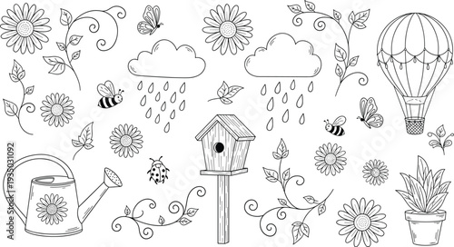 Spring garden doodle set with flowers bees birdhouse watering can clouds rain and hot air balloon line art vector illustration