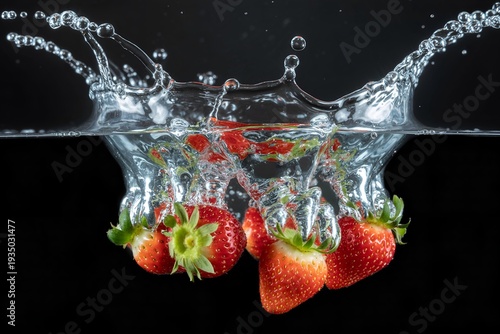 Strawberries Splashing into Water with Dynamic Motion, Refreshing Fruit Concept