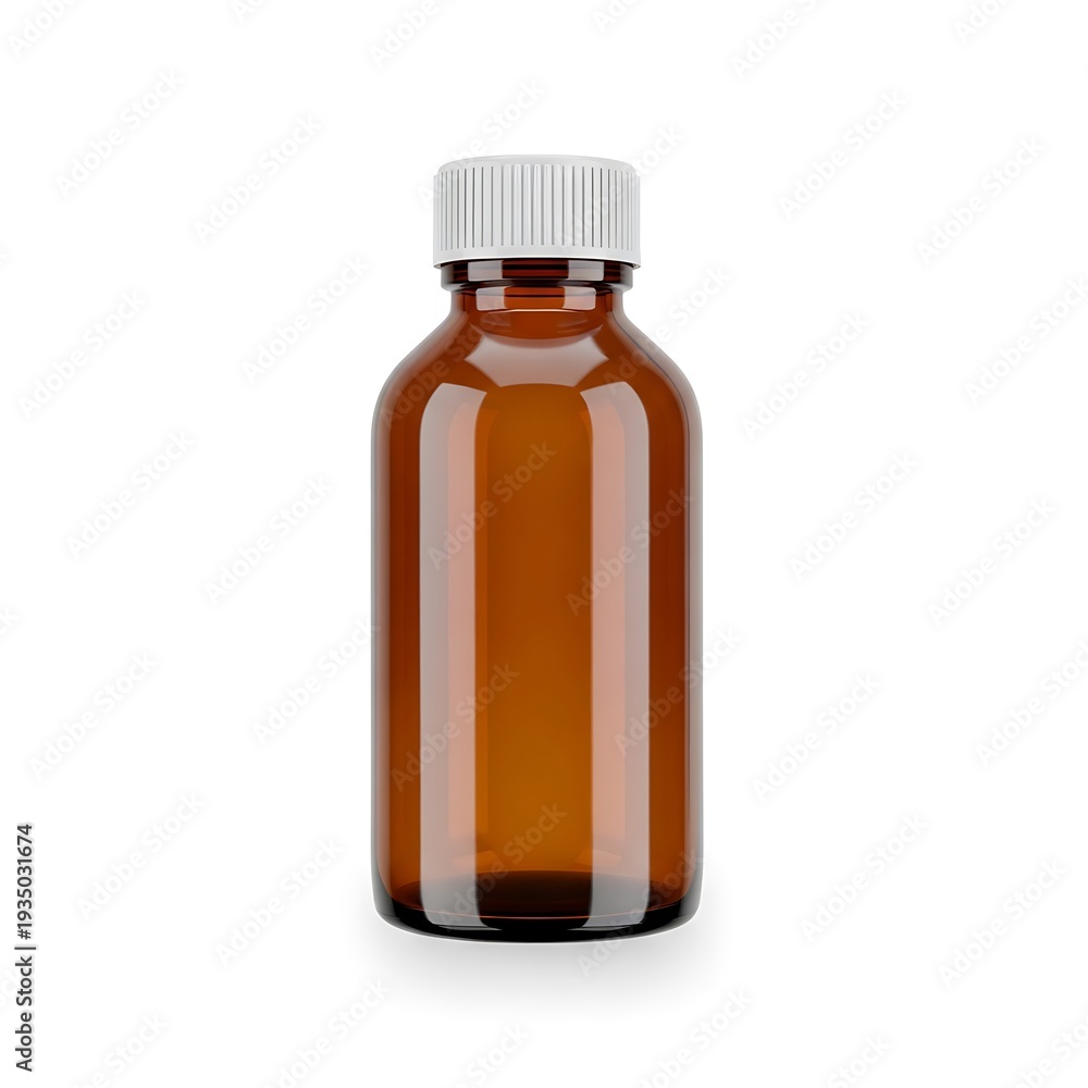 Fototapeta premium A brown glass bottle with a white cap stands alone on a plain background