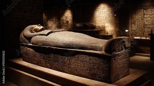 sarcophagus. An ornate Egyptian sarcophagus containing a linen-wrapped mummy. event programs, museum guides, designed for cultural heritage projects and event programs, elevates cultural identity.