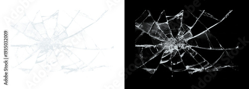 Billede på lærred Cracked glass shattered window pane on black and white backgrounds