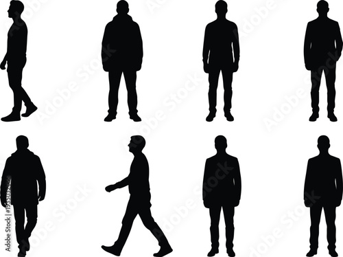An essential collection of male human silhouettes illustrating a range of poses, from confident standing to purposeful walking, rendered as a crisp vector graphic on an isolated white background.
