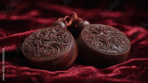 castanets. A pair of intricately carved wooden castanets resting on a rich red velvet fabric in close view. event programs, museum guides, designed for cultural heritage projects and event programs.