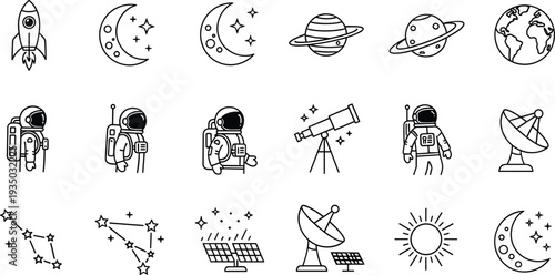 Space exploration line icons vector set with rocket astronaut telescope planets stars and satellite