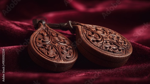 castanets. A pair of intricately carved wooden castanets resting on a rich red velvet fabric in close view. event programs, museum guides, designed for cultural heritage projects and event programs.