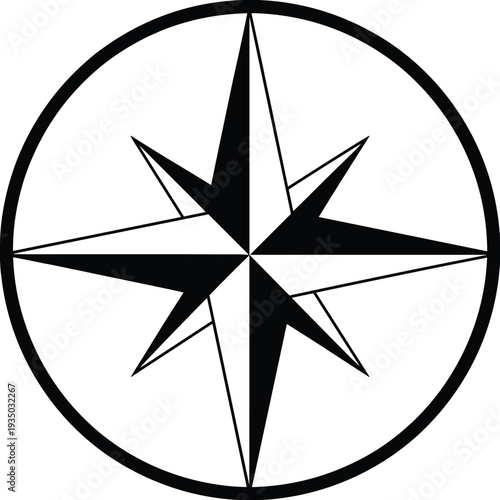 Black and white nautical compass rose star icon in circle frame isolated on white for navigation, travel, maps, and adventure.