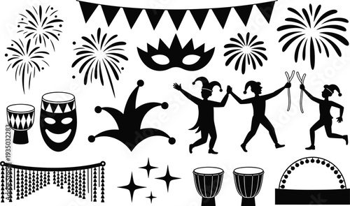 Black carnival party silhouette icons set with fireworks, masks, drums, jesters, and bunting isolated on white for festival celebration and events.