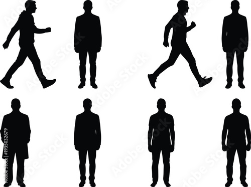 A dynamic set of eight human silhouettes, featuring men and women in various active poses such as walking, running, and standing, depicted as solid black figures against a pristine white background.
