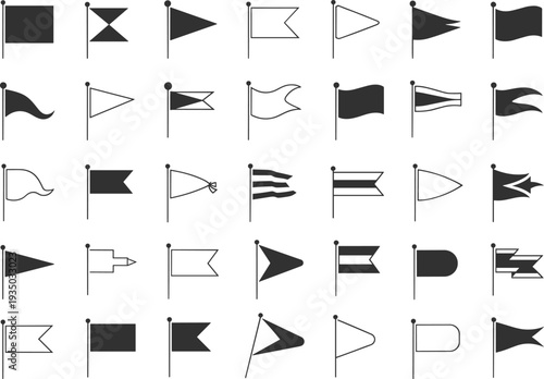 Flag silhouettes collection with various banner and pennant shapes vector icon set isolated on dark background for navigation, sport and design