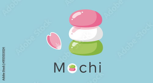 Japanese Mochi dessert with cherry blossom petal on blue background