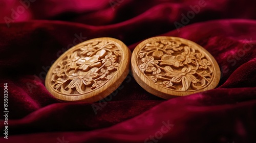 castanets. A pair of intricately carved wooden castanets resting on a rich red velvet fabric in close view. event programs, museum guides, designed for cultural heritage projects and event programs.