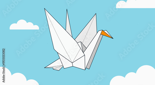 Origami Crane Flying in Blue Sky with Clouds