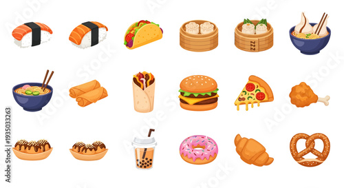 International Fast Food and Street Food Icons Set, Vector Illustration of Delicious Snacks and Meals