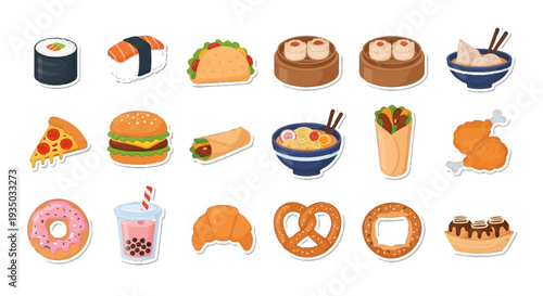 Set of International Food Stickers and Icons, Flat Vector Illustration of Popular Snacks and Street Food Isolated on White Background
