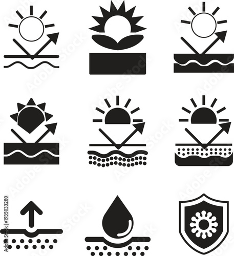 Skin Protection Icon set collection group with sunscreen shield, sunblock lotion tube, UV defense symbol, dermatology care sign, skincare safety line art vector isolated on white background.