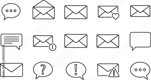 Email and messaging line icons vector set with envelope chat bubbles notification and communication symbols