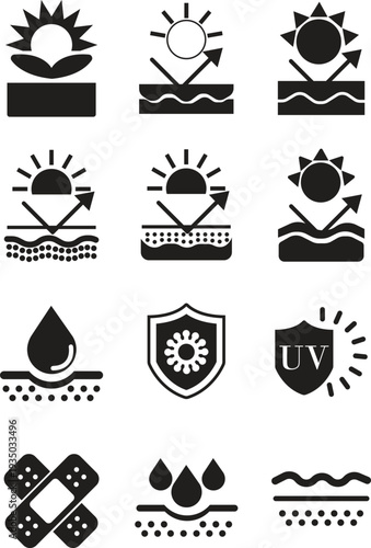 Skin Protection Icon set collection group with sunscreen shield, sunblock lotion tube, UV defense symbol, dermatology care sign, skincare safety line art vector isolated on white background.