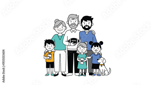 Happy multi-generational family including grandparents parents and children posing together with their pet dog in a simple cartoon style.