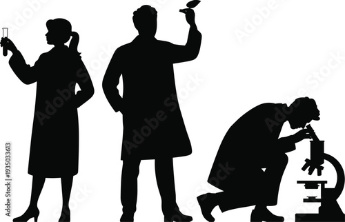 Black silhouette of professional scientists conducting research with microscope and test tube representing laboratory science and medical discovery in a group