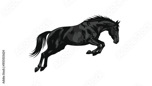 Powerful black horse captured in mid-air during a dynamic jump with its mane and tail flowing beautifully against a plain white background.