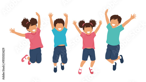 Four diverse kids jump high in the air with their arms raised in excitement and celebration representing pure childhood joy and energy.