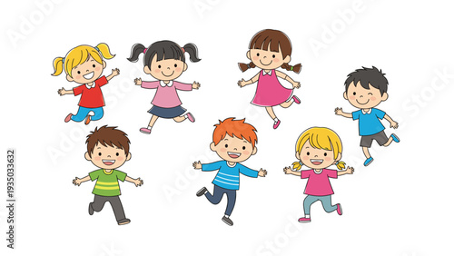 Group of seven diverse primary school children running and jumping with excitement and joyful smiles against a plain white background.
