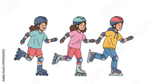 Three young girls enjoy rollerblading and ice skating together while wearing protective helmets and pads for a fun day of outdoor activity.