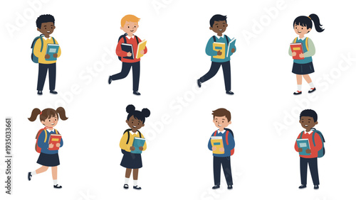 Eight diverse primary school students in blue and red uniforms carry backpacks and books as they walk to class on a white background.