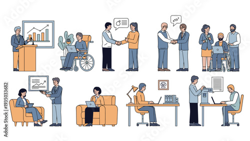 Diverse office scenarios showing professional people in meetings giving presentations and working in an inclusive environment with wheelchairs.