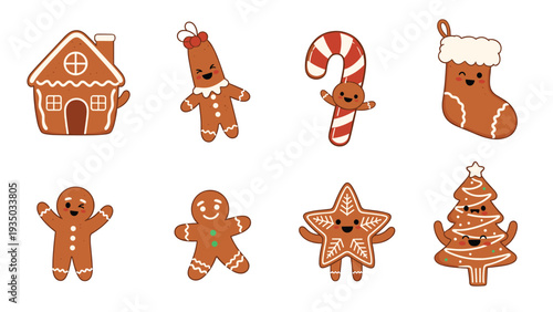 Collection of adorable gingerbread-themed Christmas icons including a house characters candy cane stocking star and festive tree.
