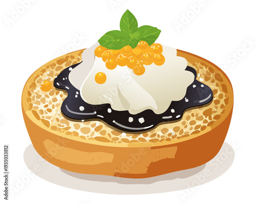Toasted bun with whipped cream topping and golden fish roe for unique fusion savory pastry snack - Vector Illustration