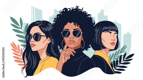 Three fashionable women with sunglasses and distinct hairstyles posing in front of a modern city skyline and tropical leaves.