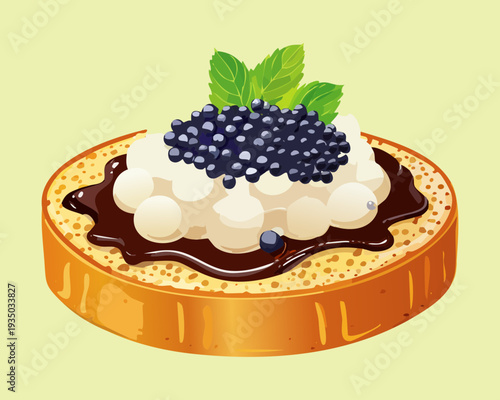 Sweet pastry tartlet with blueberry jam whipped cream and dark caviar pearls for luxury dessert decoration - Vector Illustration
