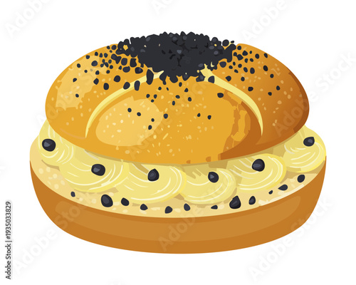 Semla bun filled with almond paste and whipped cream for traditional swedish dessert seasonal bakery treat - Vector Illustration