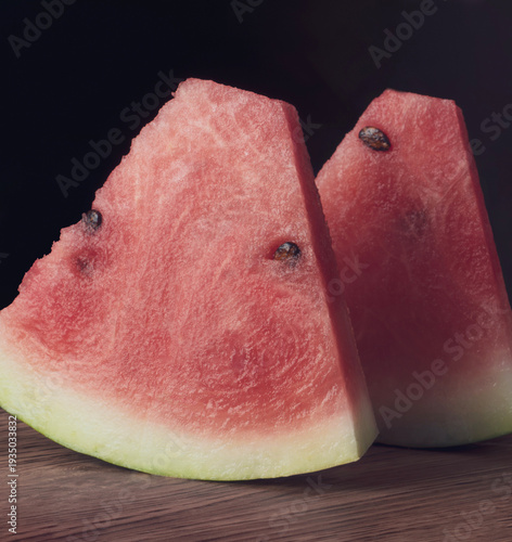 Fresh juicy watermelon slices on wooden table with dark background, summer fruit close-up