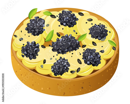 Round savory tart with blackberry topping and herb garnish for artistic culinary food presentation menu design - Vector Illustration